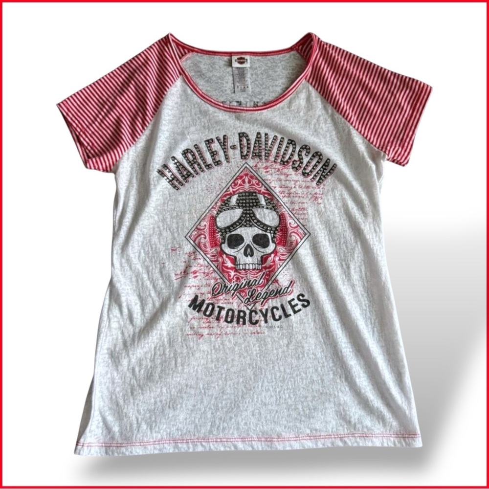 Harley Davidson Womens Burnout Stripe Rhinestone Graphic Tee‎ Size L Biker Moto